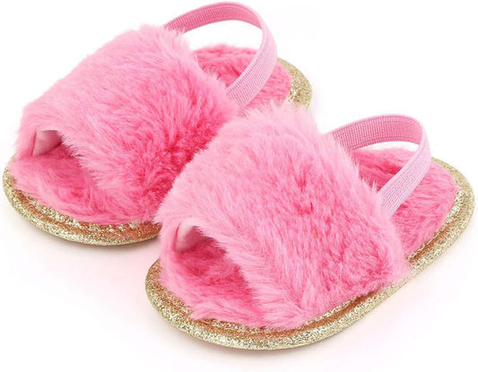 Newborn Infant Baby Plush Slippers Unisex Toddler Soft Sole Faux Fur Prewalker Sandals with Elastic Back Strap