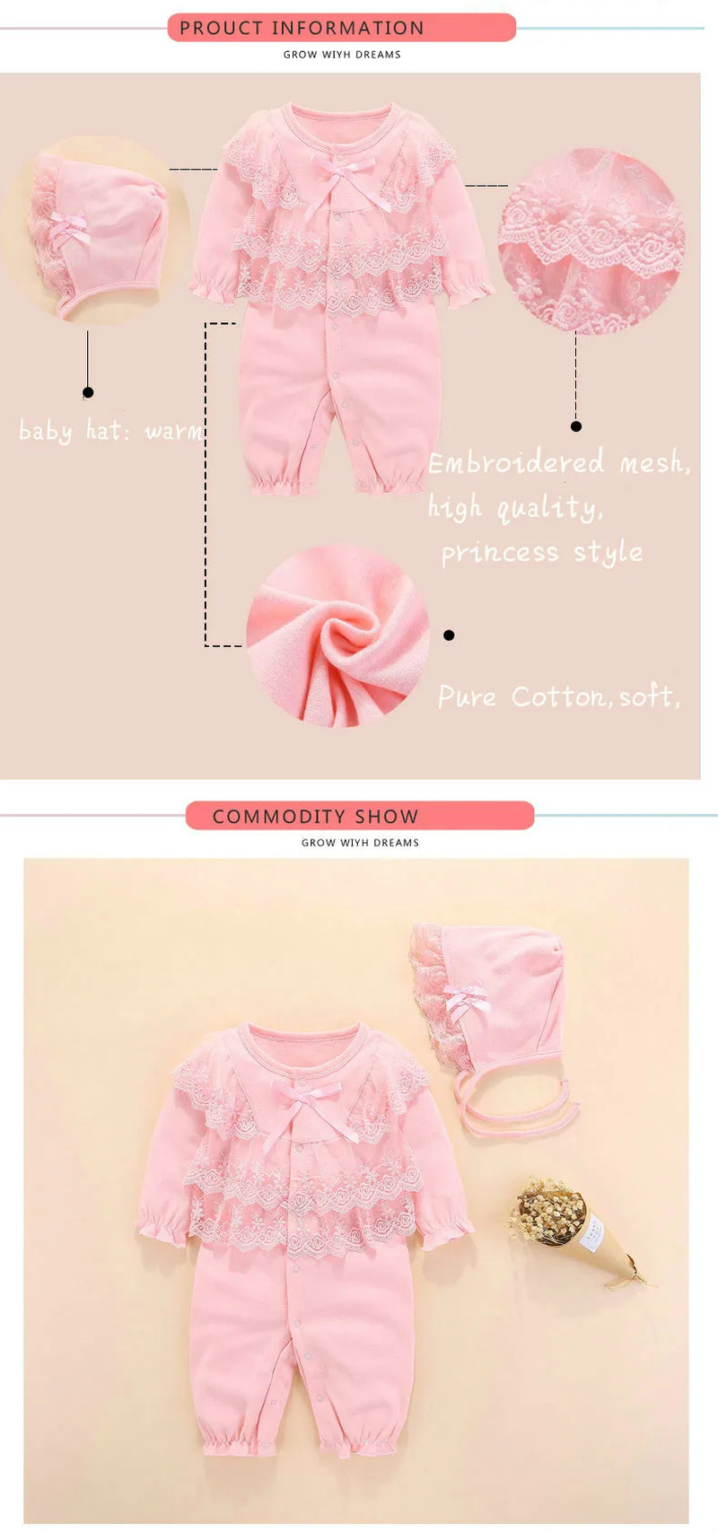 New Newborn Baby Girls Clothes Cotton Long Sleeve Lace Baby Romper Jumpsuit Cute Baby Girl Outfits Set 0 3 Months Baby Clothing